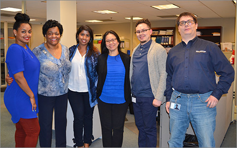 Burke & Herbert Bank team members showing their support for SCAN on "Wear Blue" day, April 5, 2019. Left to right are Tally Afework, Evelyn Gray, Neha Masih, Lan Nguyen, Jonathan Pacheco, Benjamin Baker.