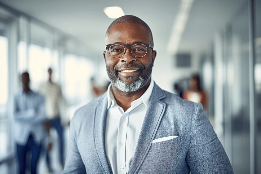 African American man in light gray suit